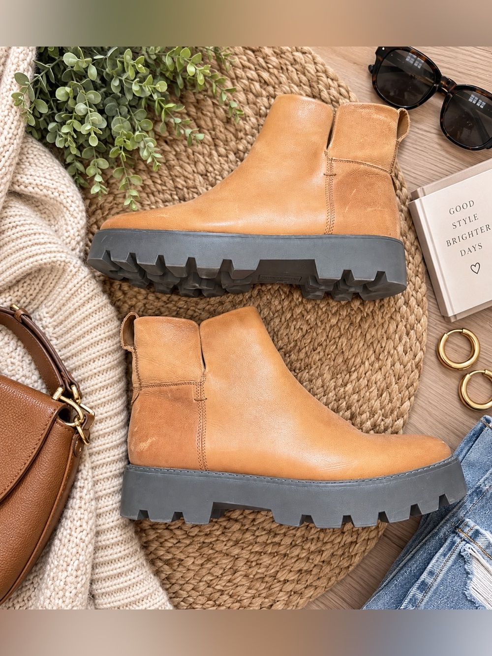 Franco Sarto Women's 11 Tan Leather Chelsea Ankle Boots Chunky Lug Sole